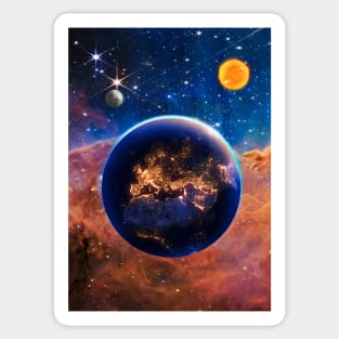 The earth planet in the space with wonderful colors of galaxy nasa webb telescope with the sun, the moon and shiny stars in the sky Sticker